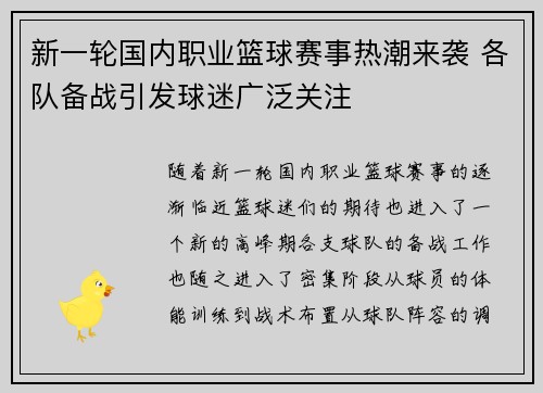 新一轮国内职业篮球赛事热潮来袭 各队备战引发球迷广泛关注