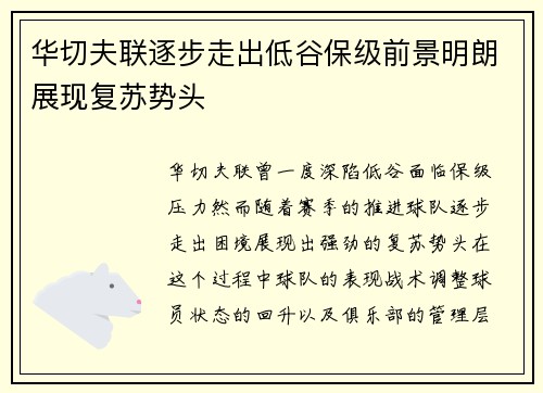 华切夫联逐步走出低谷保级前景明朗展现复苏势头 华切夫联逐步走出低谷保级前景明朗展现复苏势头