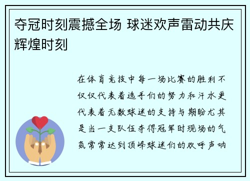 夺冠时刻震撼全场 球迷欢声雷动共庆辉煌时刻