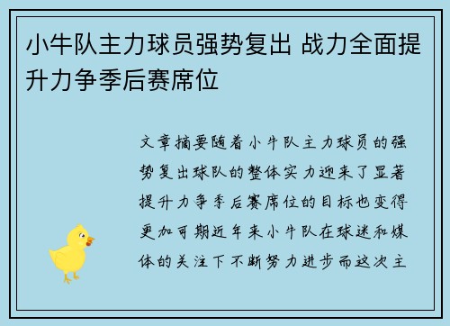 小牛队主力球员强势复出 战力全面提升力争季后赛席位